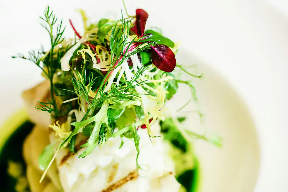 Chef plating a dish with fresh microgreens
